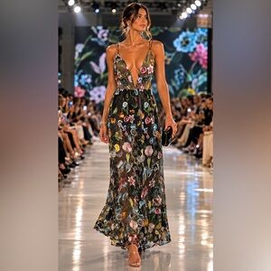 L’Atiste Embroidered Mesh Maxi Dress Open Back Floral Gown